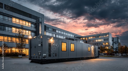 Atmospheric Evening Shot of Industrial Generator Set Outside a Building Facility