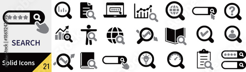 Set of search solid icons collection for business website application company symbol magnifying glass book file folder graph
