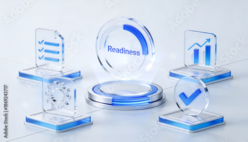 premium 3d digital illustration of a glass readiness dashboard featuring a glowing progress ring with icons for checkmark checklist gear and growth chart for business evaluation