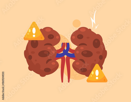 Illustration of the left and right kidneys in brown and a warning sign. Concept of kidney disease and health problems. Kidney failure, cancer, illness, unhealthy condition. Elements. Orange background