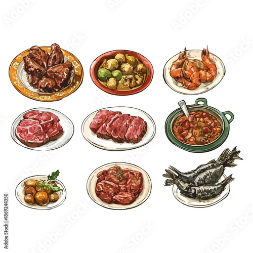 food collection, spain, seville spring festival, celebration, vector, transparent background, food, meal, dinner, cuisine