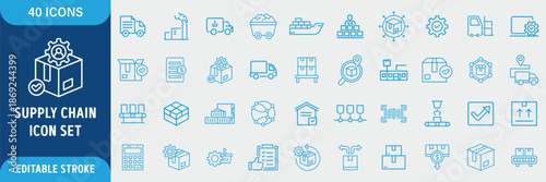 Supply Chain Line Icon Set. Logistics, Value Chain, Delivery, Manufacturing, Commerce, Distribution, Warehouse and Transportation Icons. Editable Outline Stroke. Vector Illustration