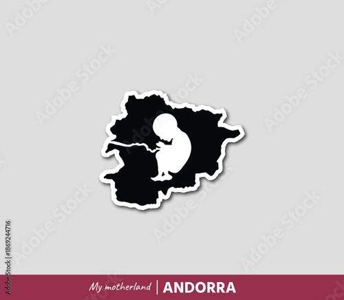 Powerful Andorra map illustration symbolizing birth, roots and national identity. Emotional motherland concept blending geography and human origin.