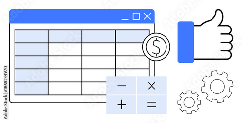 Financial workflow concept. Financial tools thumbs up spreadsheets, calculators, and symbols streamline planning and data accuracy. Financial systems for businesses, education, and productivity apps