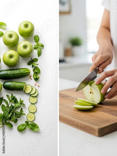Woman Cutting Green Apple on Wooden Board in Kitchen