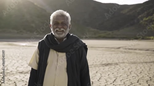 Elderly man with a wise smile stands resiliently in a vast, arid landscape under the sun