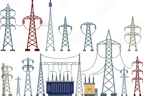 Electric power transmission towers and substation equipment flat vector illustration, energy infrastructure collection for electricity grid engineering design