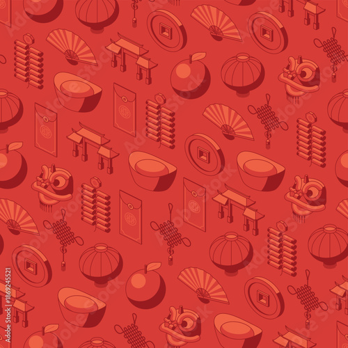 Subtle red on red chinese lunar new year themed isometric seamless pattern