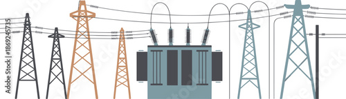 Electrical power grid infrastructure illustration, high voltage transmission towers, substation transformer, energy distribution network concept for modern utility industry design