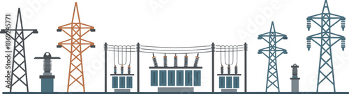 Electrical power grid infrastructure illustration, high voltage transmission towers, substation transformer, energy distribution network concept for modern utility industry design