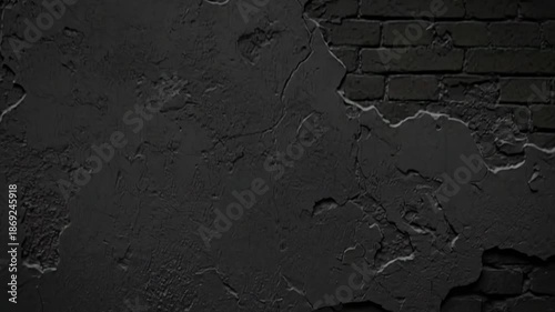 Close-up of dark, rough wall texture with peeling plaster and exposed brick edges.