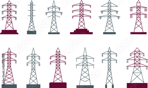 Electricity transmission tower icons set, power line pylons collection, energy infrastructure illustration, electric grid symbols, utility network design