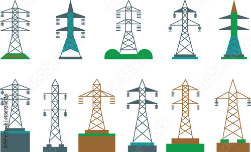 Electricity transmission tower icons set, power line pylons collection, energy infrastructure illustration, electric grid symbols, utility network design