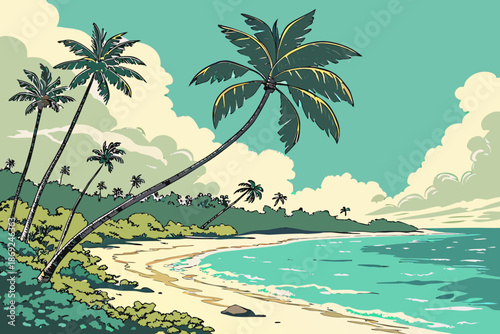 tropical beach with palm trees and sea