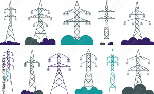Electricity transmission tower icons set, power line pylons collection, energy infrastructure illustration, electric grid symbols, utility network design