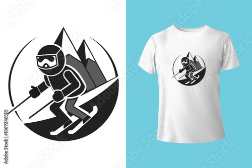 Snowboarder in Action T Shirt Design with Frosted Horizons and Mountain Landscape Vector Illustration Isolated on White Background Adventure and Conquer the Peaks