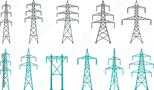 Electricity transmission tower icons set, power line pylons collection, energy infrastructure illustration, electric grid symbols, utility network design