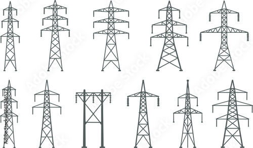 Electricity transmission tower icons set, power line pylons collection, energy infrastructure illustration, electric grid symbols, utility network design