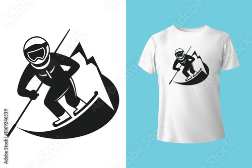 Snowboarder in Action T Shirt Design with Frosted Horizons and Mountain Landscape Vector Illustration Isolated on White Background Adventure and Conquer the Peaks