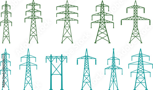 Electricity transmission tower icons set, power line pylons collection, energy infrastructure illustration, electric grid symbols, utility network design