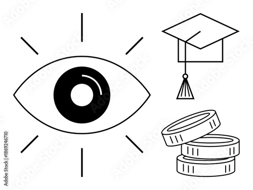 Education, financial investment, academic success, career growth, vision, learning. An eye, graduation cap and coins. Education and financial investment are the focus of the concept