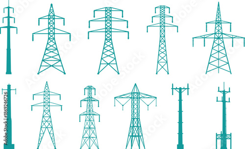 Electricity transmission tower icons set, power line pylons collection, energy infrastructure illustration, electric grid symbols, utility network design