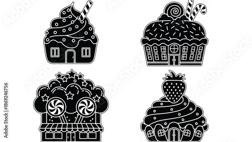 A black and white illustration of four candy houses with sweet treats on top