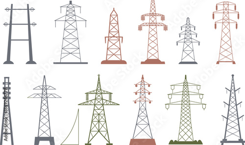 Electricity transmission tower icons set, power line pylons collection, energy infrastructure illustration, electric grid symbols, utility network design