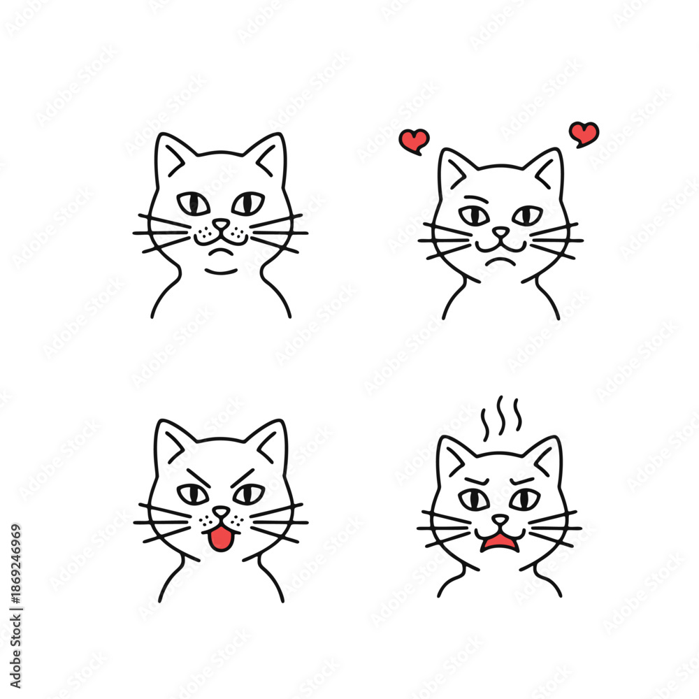 Obraz premium Cat emoji line art set. Cartoon illustration of kitten faces with different expressions. Cute cat head vector icons. Feline emotions doodle collection