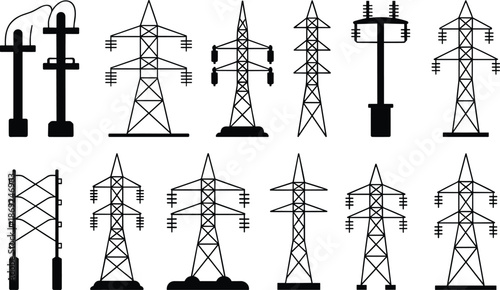Electricity transmission tower icons set, power line pylons collection, energy infrastructure illustration, electric grid symbols, utility network design