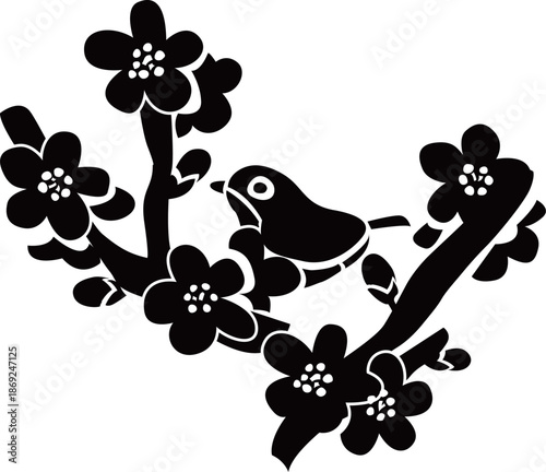 梅の花と枝にメジロやウグイスがいるシルエットベクターイラスト