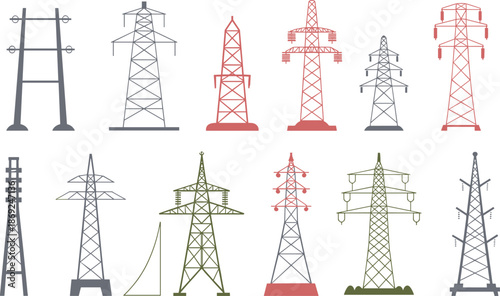 Electricity transmission tower icons set, power line pylons collection, energy infrastructure illustration, electric grid symbols, utility network design