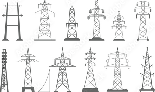 Electricity transmission tower icons set, power line pylons collection, energy infrastructure illustration, electric grid symbols, utility network design