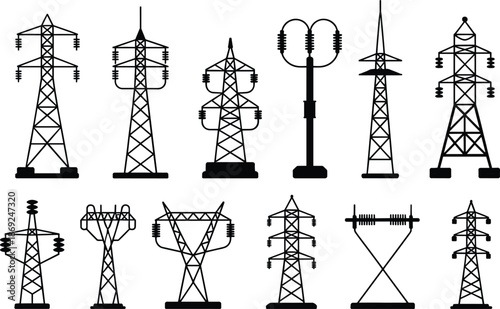 Electricity transmission tower icons set, power line pylons collection, energy infrastructure illustration, electric grid symbols, utility network design