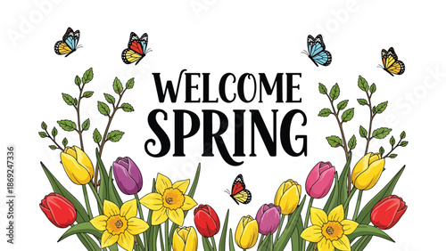 Flat vector spring wallpaper with centered “WELCOME SPRING” text, blooming tulips, leafy branches, butterflies, and clean solid colors, ideal for seasonal backgrounds and posters