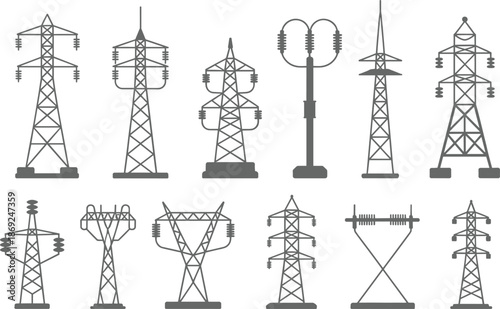 Electricity transmission tower icons set, power line pylons collection, energy infrastructure illustration, electric grid symbols, utility network design