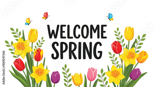 Flat vector spring wallpaper with centered “WELCOME SPRING” text, blooming tulips, leafy branches, butterflies, and clean solid colors, ideal for seasonal backgrounds and posters