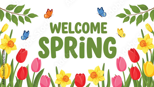 Flat vector spring wallpaper with centered “WELCOME SPRING” text, blooming tulips, leafy branches, butterflies, and clean solid colors, ideal for seasonal backgrounds and posters