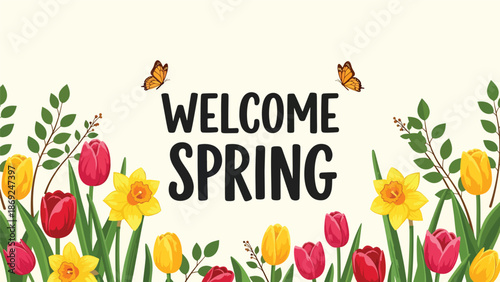 Flat vector spring wallpaper with centered “WELCOME SPRING” text, blooming tulips, leafy branches, butterflies, and clean solid colors, ideal for seasonal backgrounds and posters