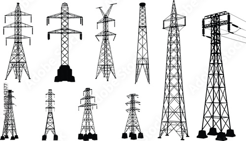 Electricity transmission tower icons set, power line pylons collection, energy infrastructure illustration, electric grid symbols, utility network design
