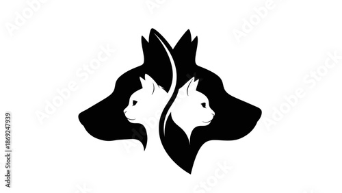 Elegant design of intertwined dog and cat silhouettes, symbol of pet friendship and bond