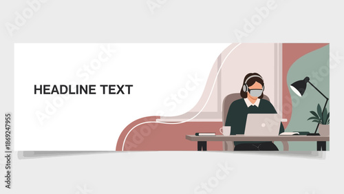 Professional woman working remotely wearing mask and headphones during pandemic era illustration