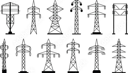 Electricity transmission tower icons set, power line pylons collection, energy infrastructure illustration, electric grid symbols, utility network design