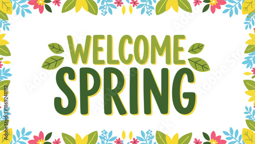 Minimal spring vector wallpaper with centered “WELCOME SPRING” text, subtle botanical patterns, clean flat design and solid colors, perfect for modern seasonal backgrounds