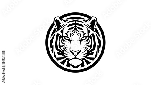 Striking monochrome tiger head design with bold graphic stripes in circle frame