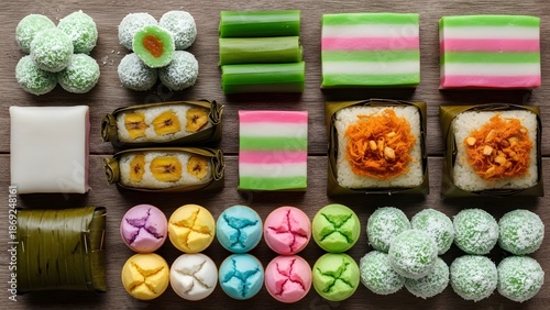 Assorted Indonesian Traditional Market Snacks Jajan Pasar on Wooden Background