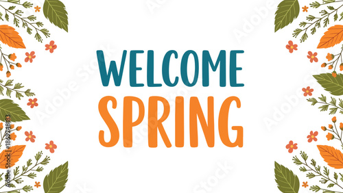 Minimal spring vector wallpaper with centered “WELCOME SPRING” text, subtle botanical patterns, clean flat design and solid colors, perfect for modern seasonal backgrounds