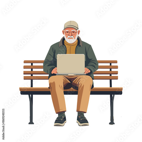 A senior man is using a laptop on a park bench - embracement of modern technology by  older adults illustration