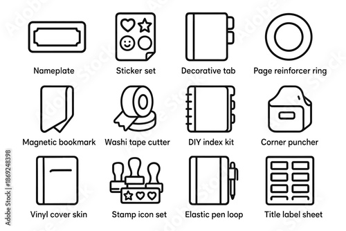 Stamp pack reinforcer icon skin vector customization elastic cutter kit notebook puncher