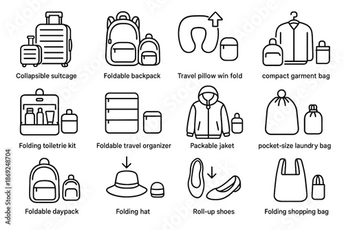 Backpack icons bag travel icon foldable folding suitcase vector daypack jacket fold